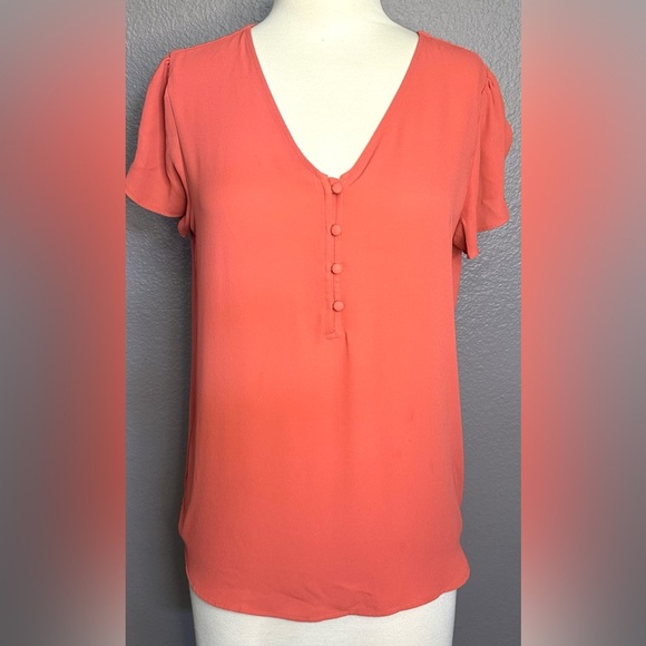 LOFT Women's Medium Coral/Orange Short Sleeve V-Neck Blouse Buttoned Relaxed - Picture 8 of 8